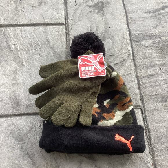 New kids puma Green Camo Beanie Cap with gloves - Picture 1 of 3